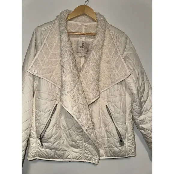 PRANA Womens Sherpa Fleece Lined Diva Puffer Jacket Asymmetric Zip Ivory LARGE - Picture 3 of 7